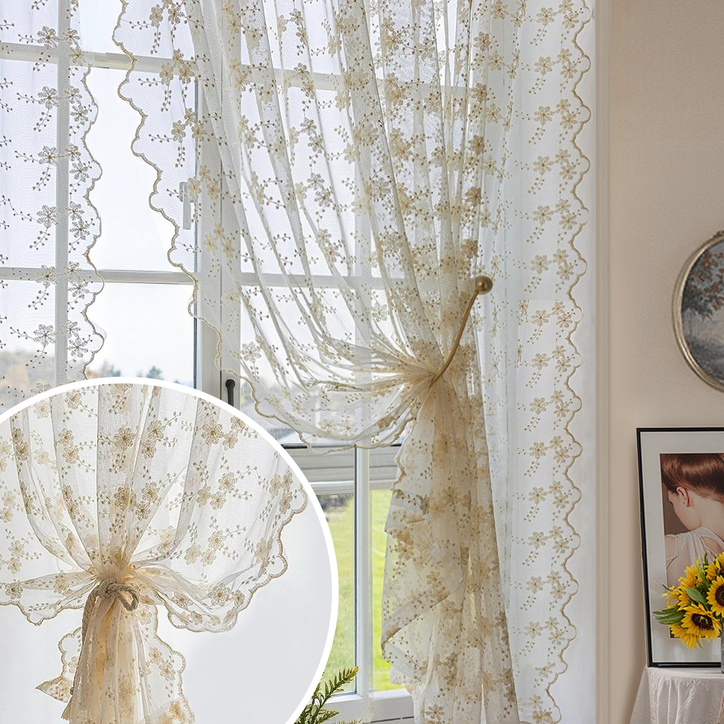 Bestickte weiße Gardinen · 2er Set · Florales Design · Halbtransparent
