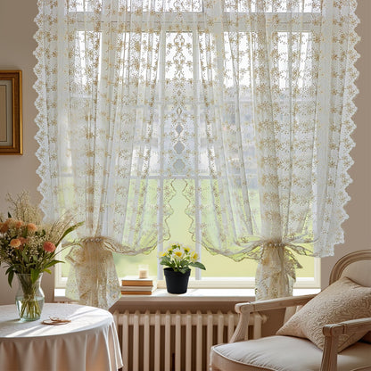 Bestickte weiße Gardinen · 2er Set · Florales Design · Halbtransparent