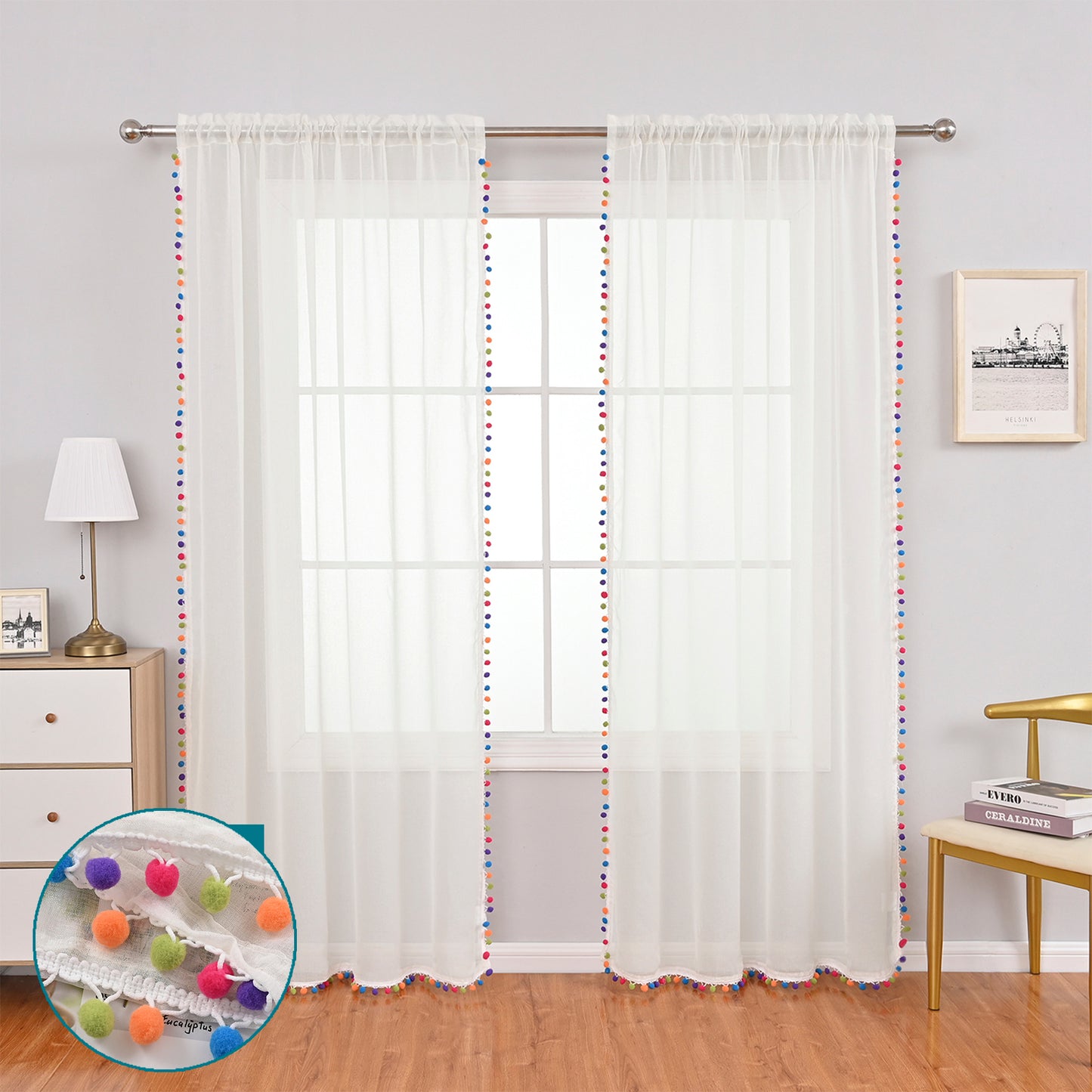 Rideaux transparents à pompons multicolores, 1 panneau, blanc, 132 x 164 cm/132 x 183 cm/132 x 214 cm/132 x 241 cm