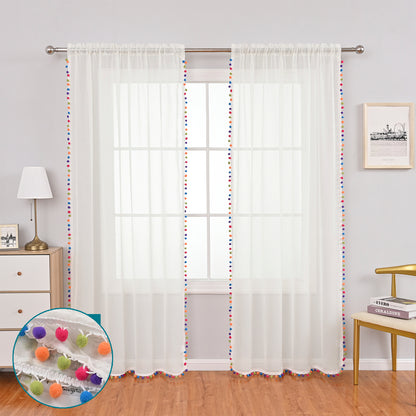 Rideaux transparents à pompons multicolores, 1 panneau, blanc, 132 x 164 cm/132 x 183 cm/132 x 214 cm/132 x 241 cm