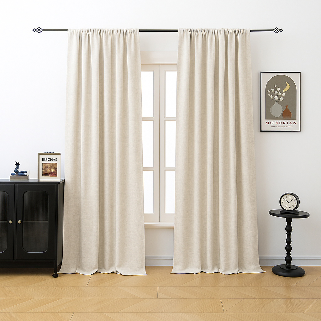 BTTO Leinenoptik Vorhänge in Weiß im Wohnzimmer vor einem Fenster, dekoriert mit modernen Möbeln