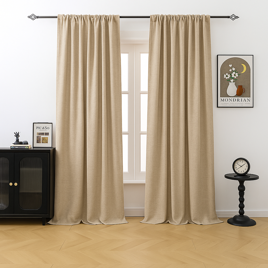 BTTO Leinenoptik Vorhänge in Beige im Wohnzimmer vor einem Fenster, dekoriert mit modernen Möbeln