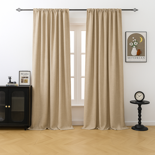 BTTO Leinenoptik Vorhänge in Beige im Wohnzimmer vor einem Fenster, dekoriert mit modernen Möbeln