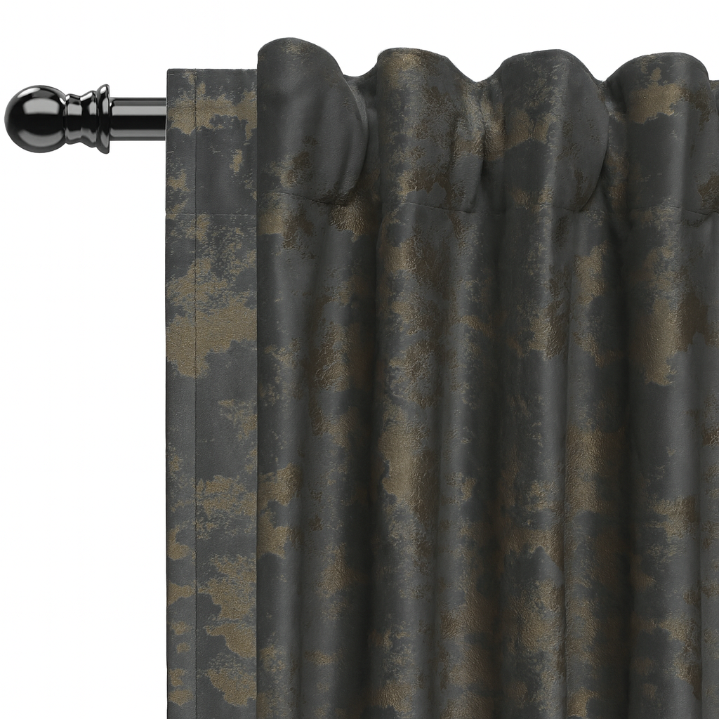 Velvet blackout curtains with gold print