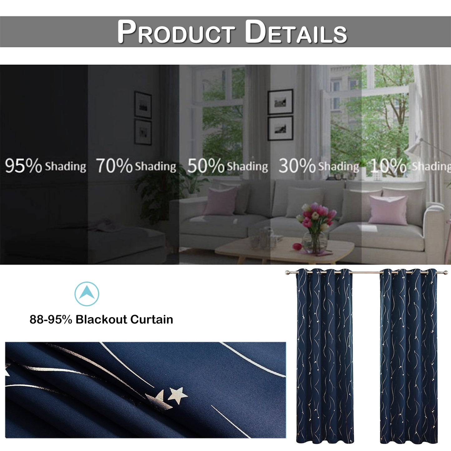 Silver Stamping Star Curtains, 1 Panel, Navy, 132*164cm/132*183cm/132*214cm
