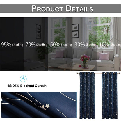 Silver Stamping Star Curtains, 1 Panel, Navy, 132*164cm/132*183cm/132*214cm
