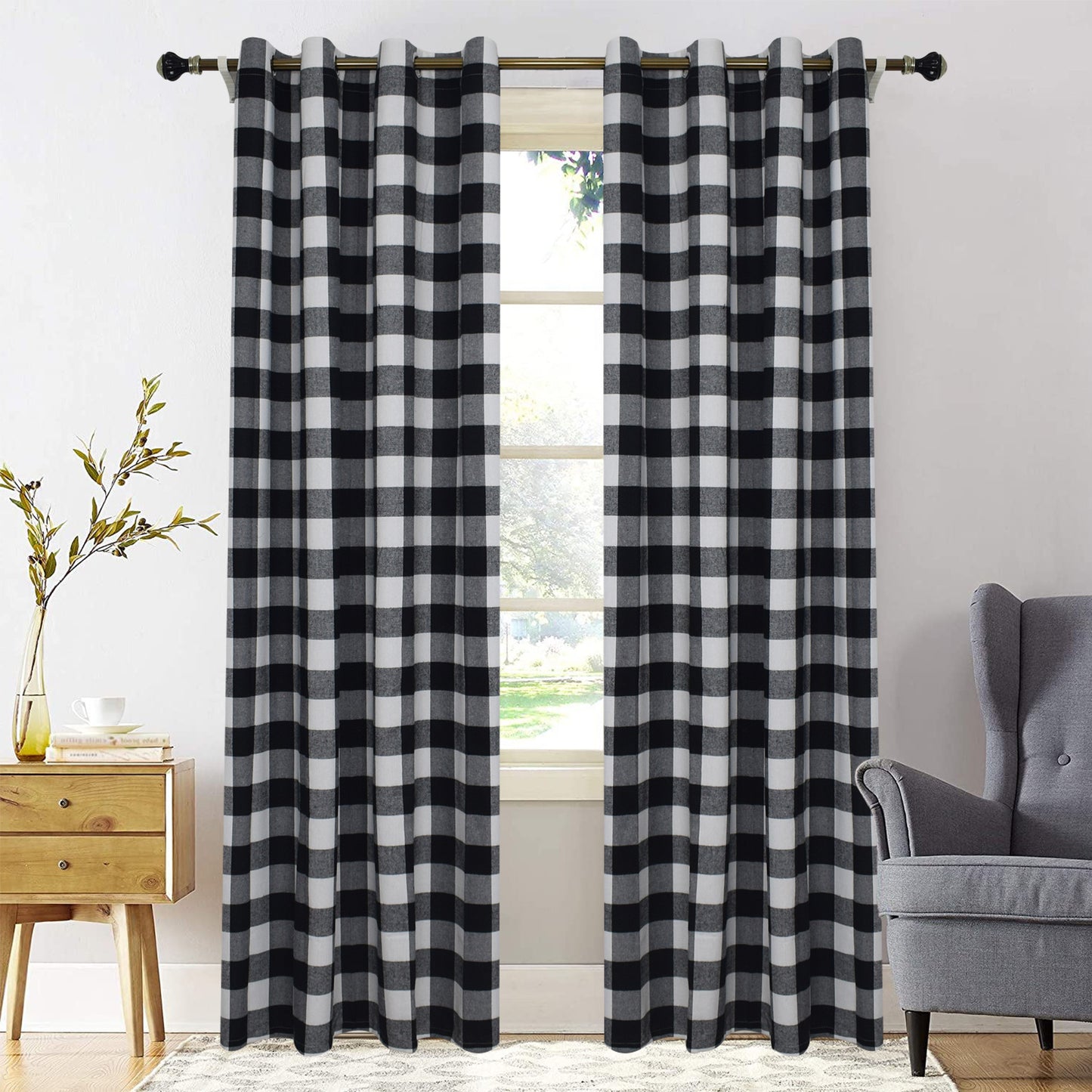 Christmas Plaid Curtains, 1 Panel, Black, 132*160cm/132*213cm/132*244cm