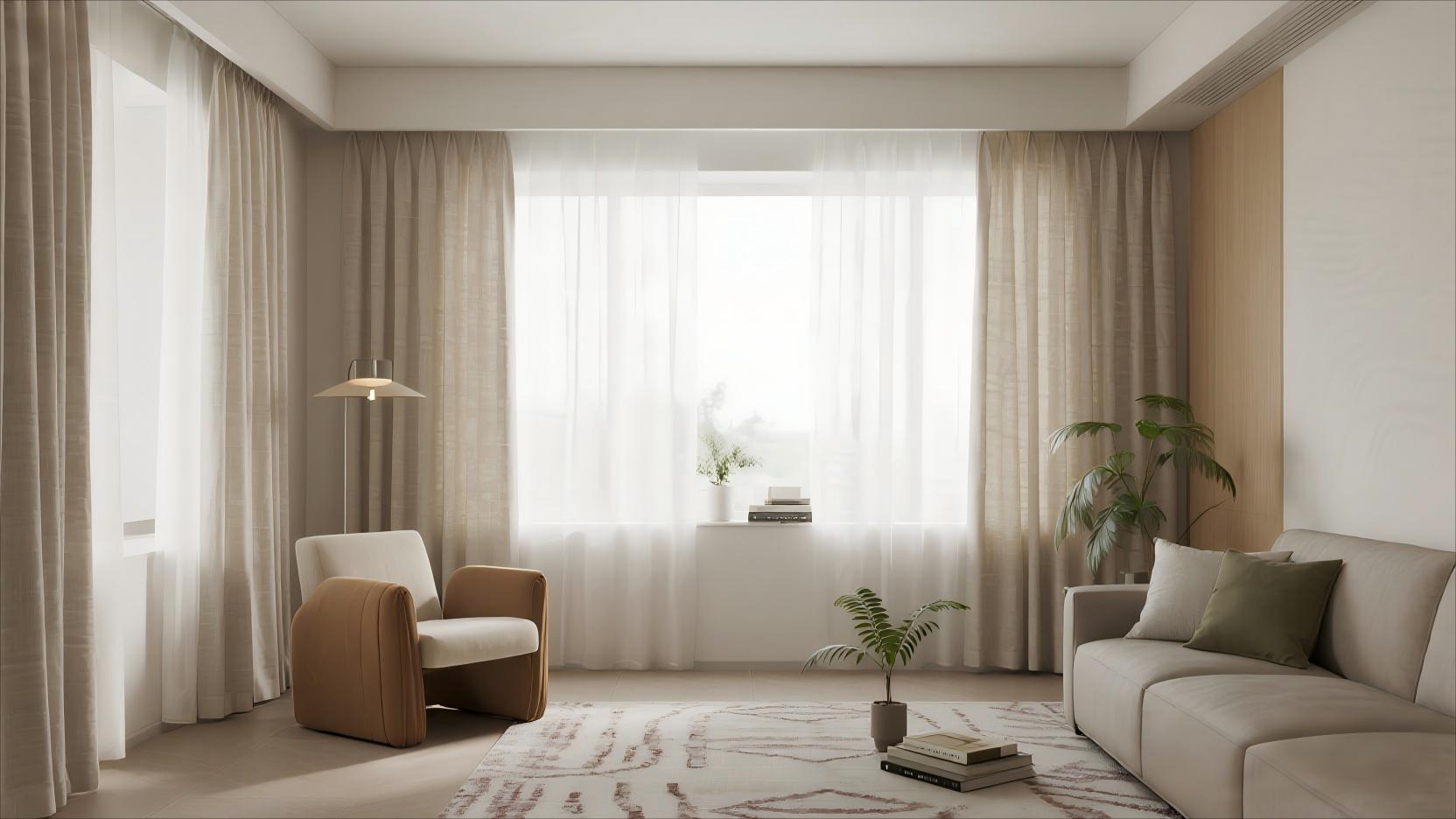 Elegante_Leinenvorhange_lassen_sanftes_Licht_herein_cremeweisser_Wandhintergrund_beiges_weiches_Sofa_und_gewebter_Teppich
