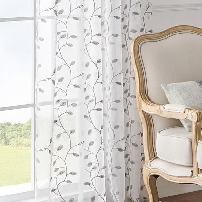 Made-to-measure transparent voile curtain with botanical leaf embroidery – Vinea