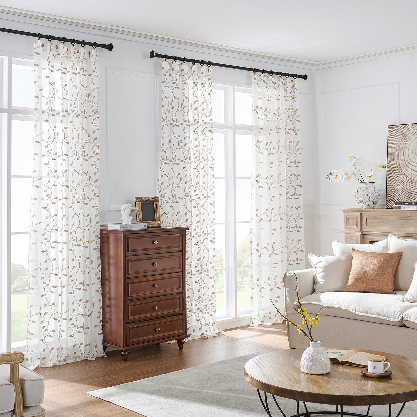 Made-to-measure transparent voile curtain with botanical leaf embroidery – Vinea