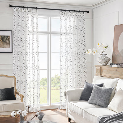 Made-to-measure transparent voile curtain with botanical leaf embroidery – Vinea