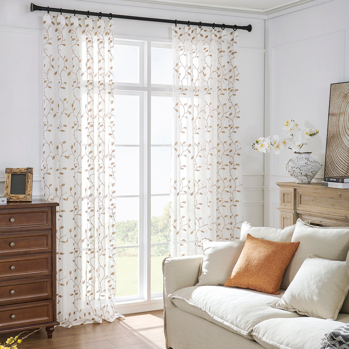 Made-to-measure transparent voile curtain with botanical leaf embroidery – Vinea