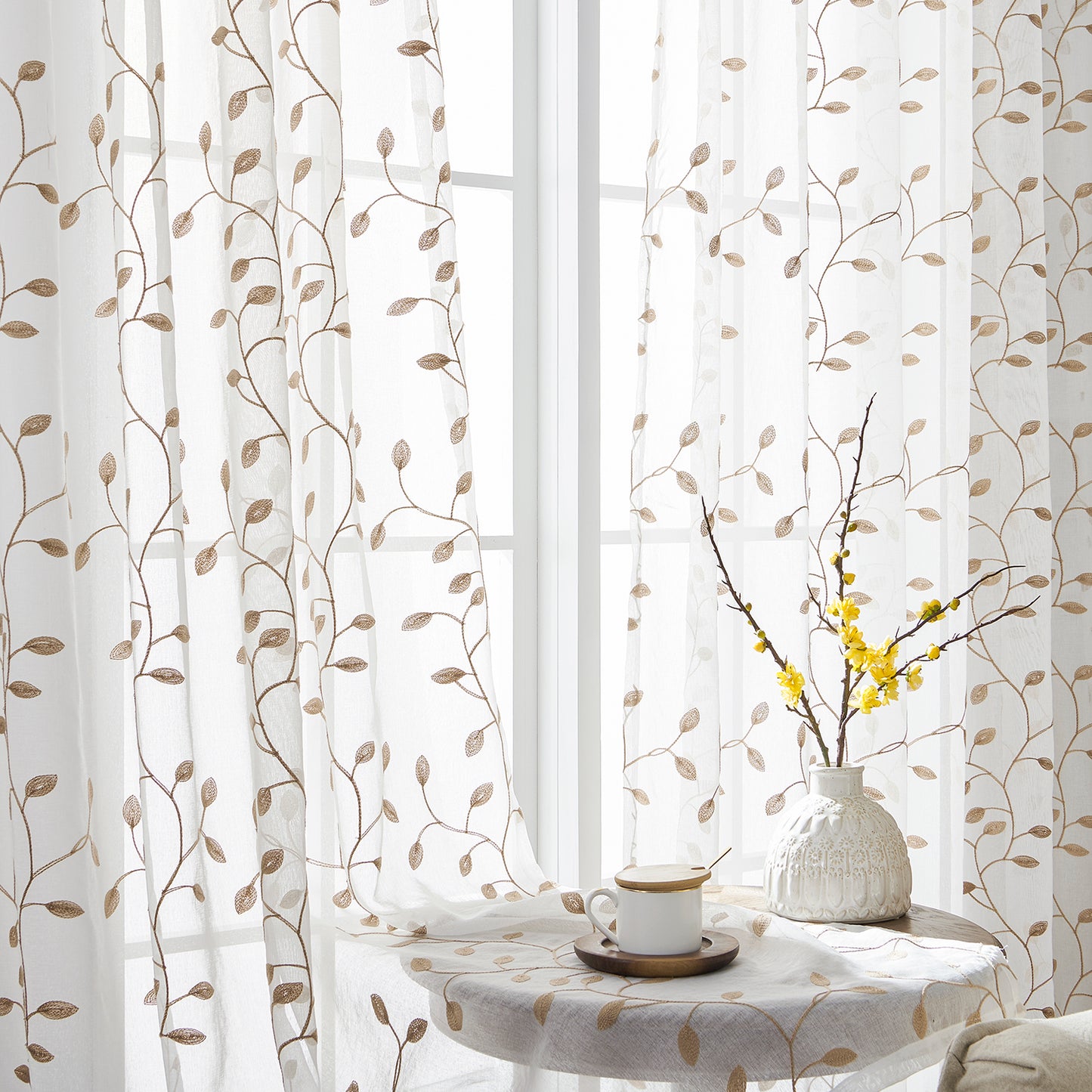 Made-to-measure transparent voile curtain with botanical leaf embroidery – Vinea