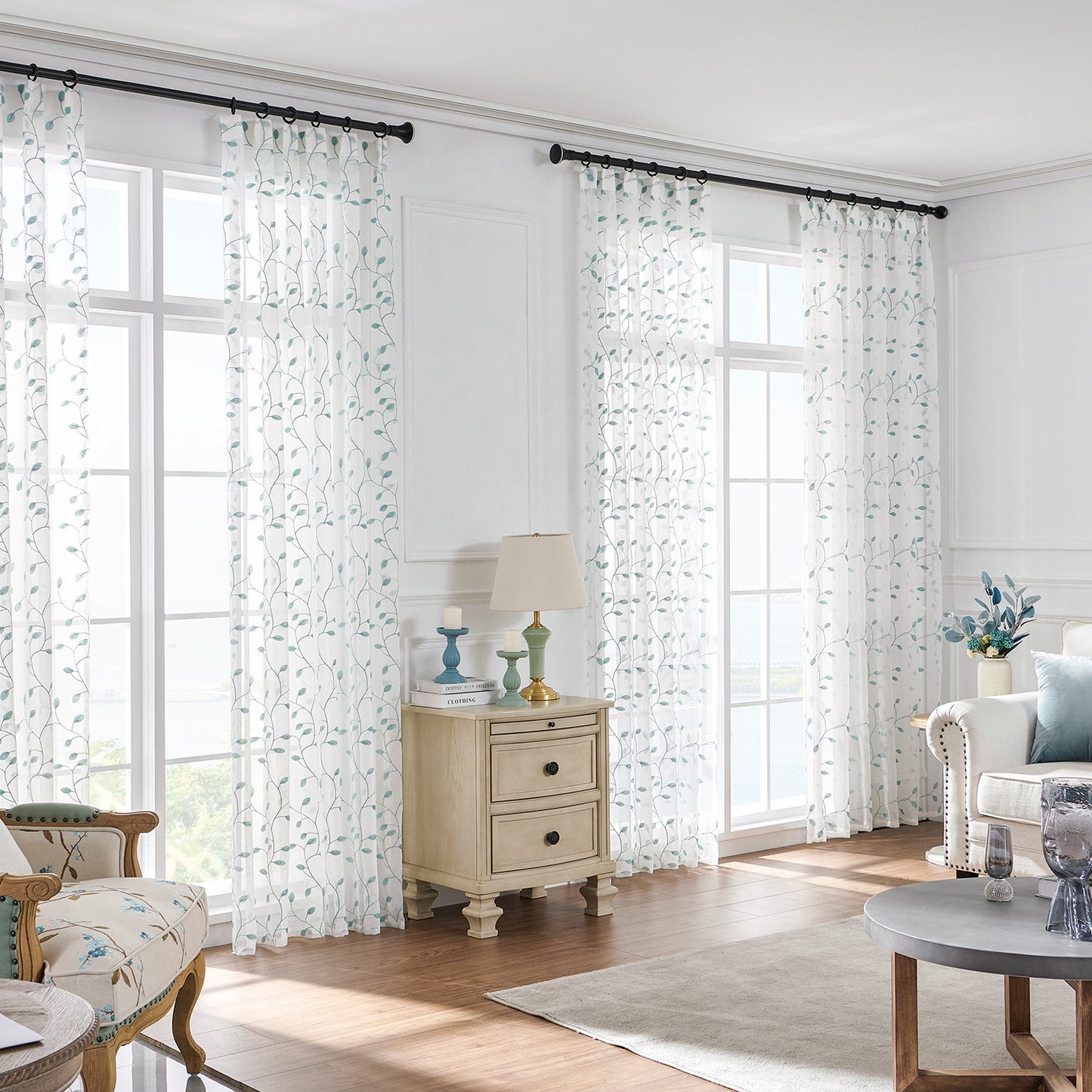 Made-to-measure transparent voile curtain with botanical leaf embroidery – Vinea