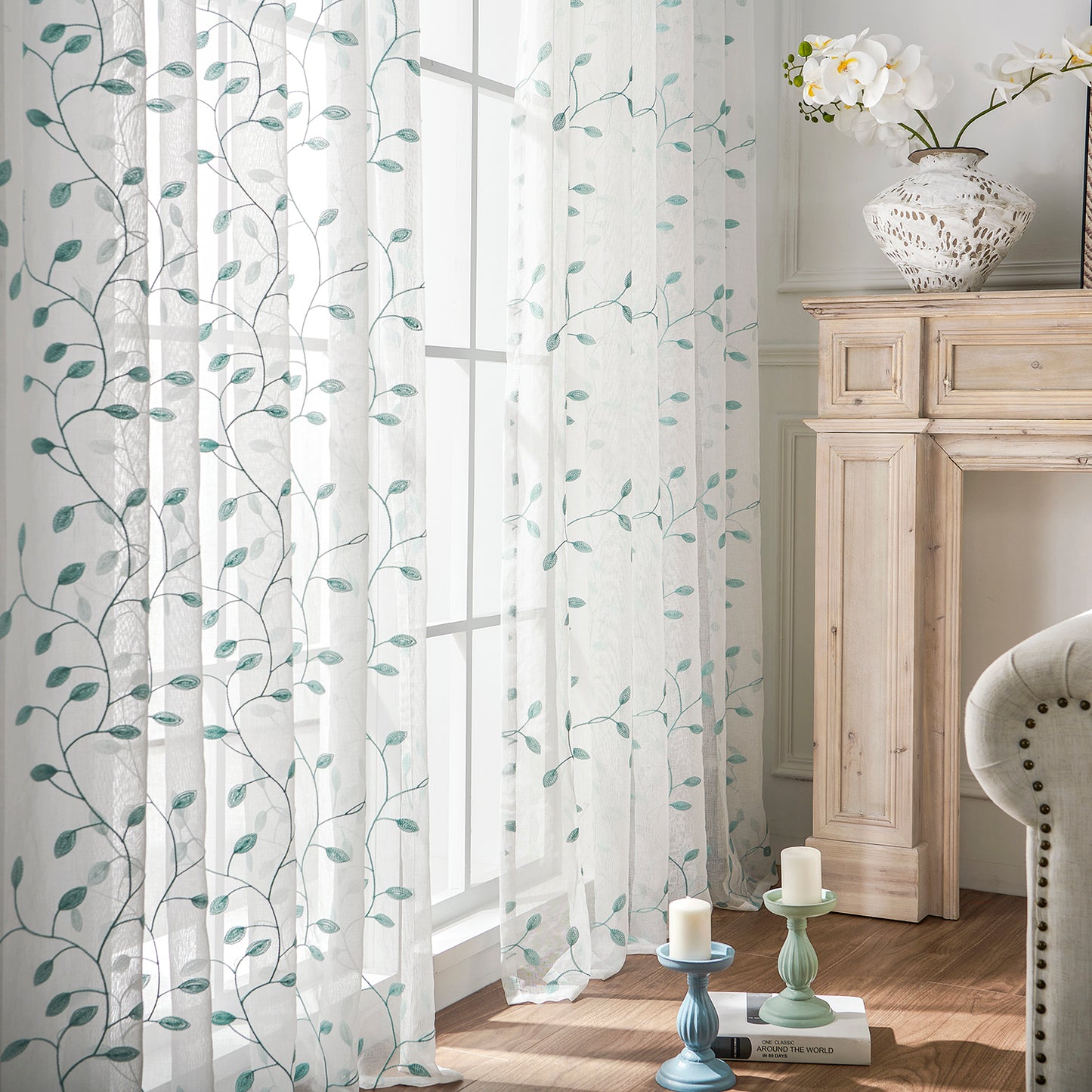 Made-to-measure transparent voile curtain with botanical leaf embroidery – Vinea