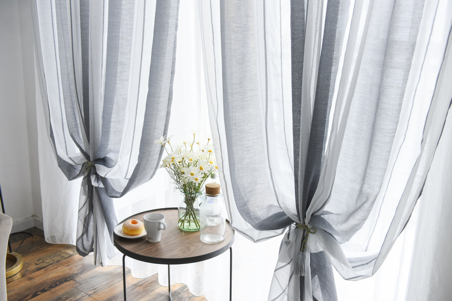 Modern transparent voile curtain with woven stripes, made to measure – Lirona