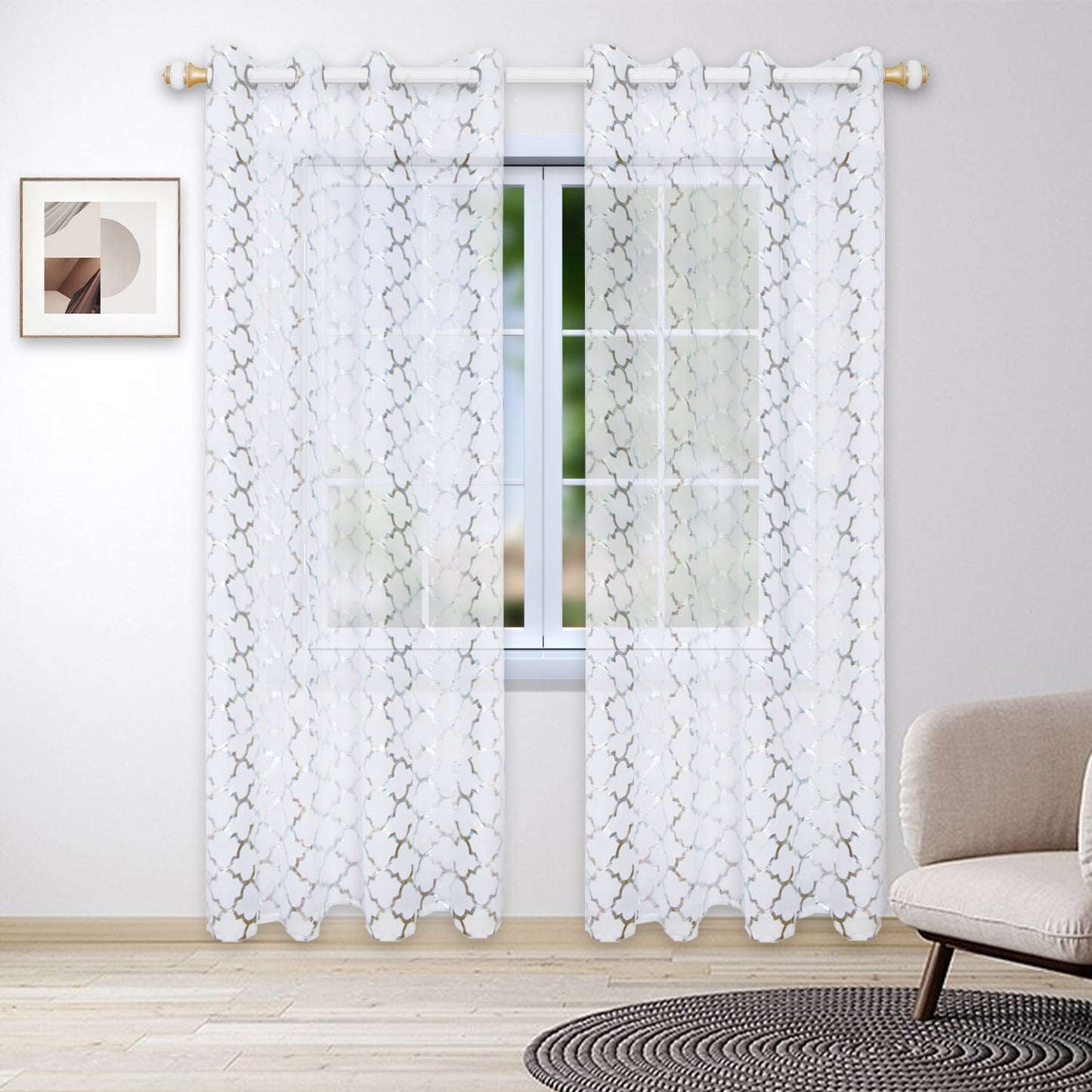 Rideaux transparents estampillés argent marocain, 1 panneau, blanc, 132x160cm/132x213cm/132x244cm