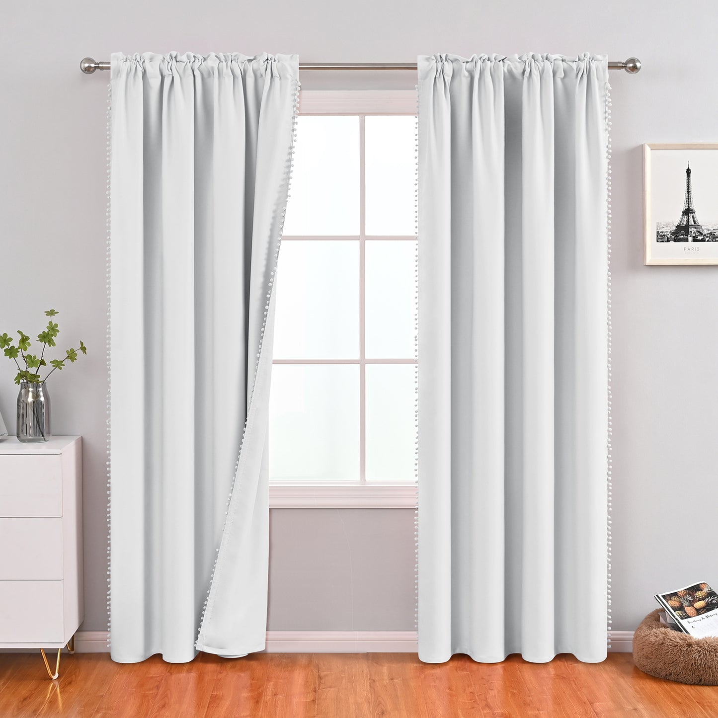 Pom Pom Blackout Curtains, 1 Panel, White, 132*160cm/132*183cm/132*214cm