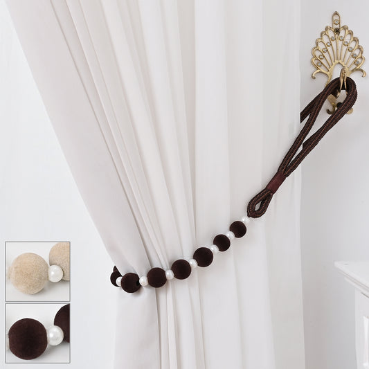 Raffhalter mit Pompom-Peals, Vorhangkordel, Beige/Braun