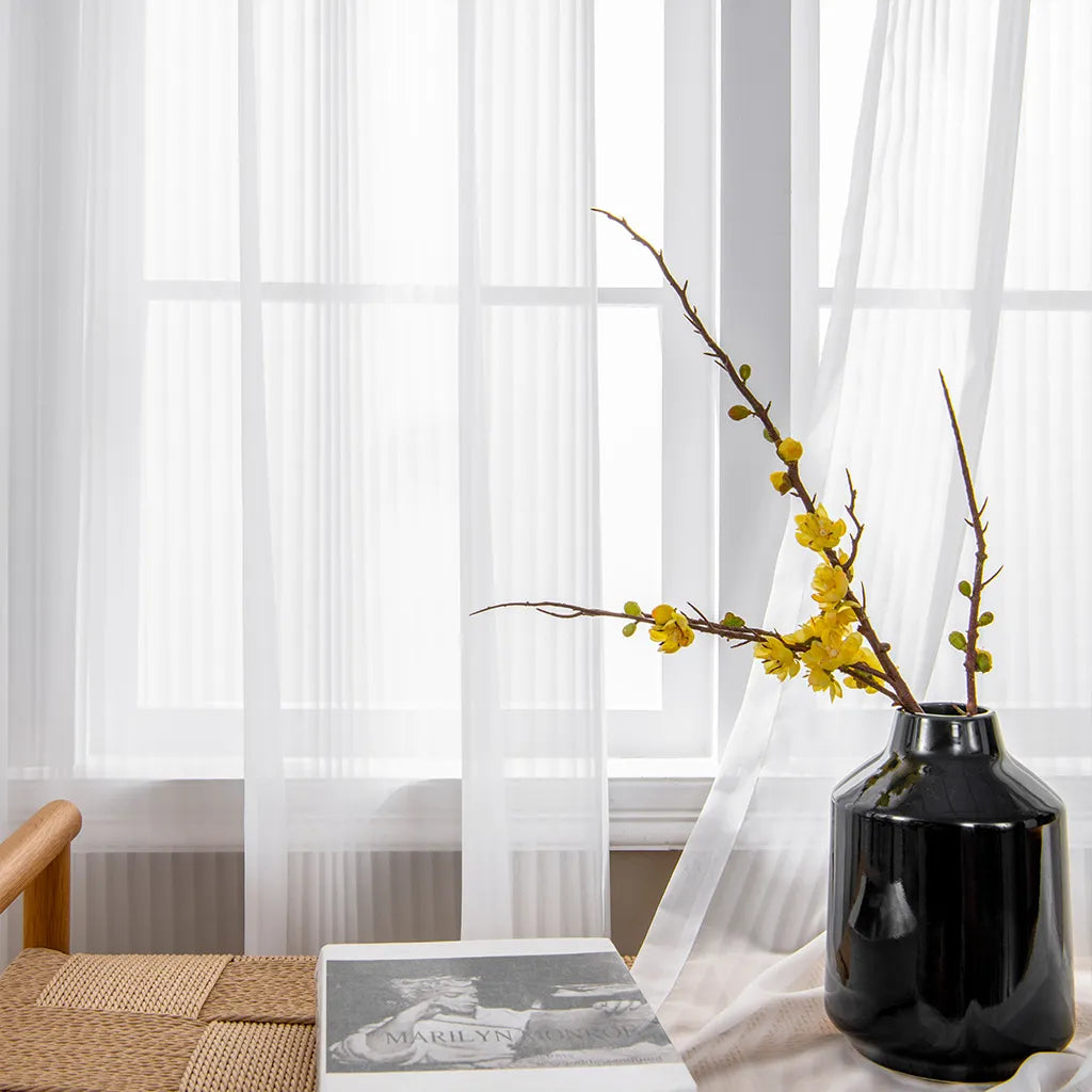 Transparent voile curtain with a fine striped structure, made to measure – Linari