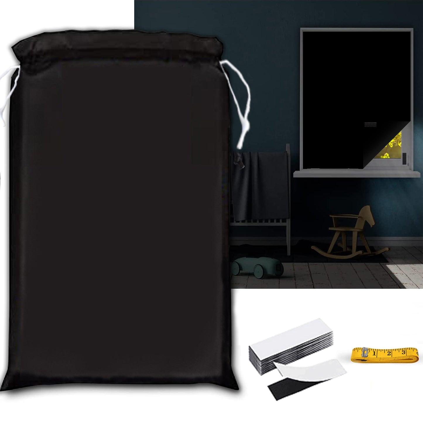 Portable 100% blackout curtain, cut to size, with Velcro fastening, in black