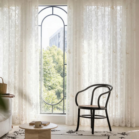 Elegant burnout voile curtain with gold butterfly embroidery, made to measure – Mariposa