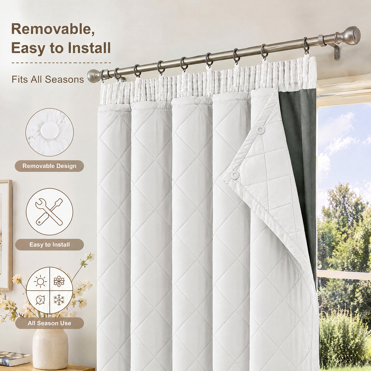 Rideau thermique avec doublure matelassée amovible – isolation thermique et contre le froid pour toutes les saisons