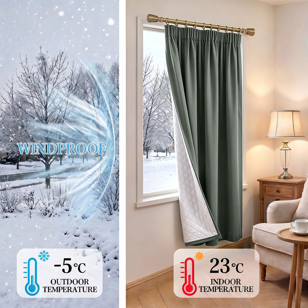 Rideau thermique avec doublure matelassée amovible – isolation thermique et contre le froid pour toutes les saisons