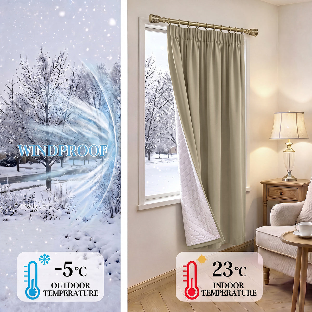 Rideau thermique avec doublure matelassée amovible – isolation thermique et contre le froid pour toutes les saisons