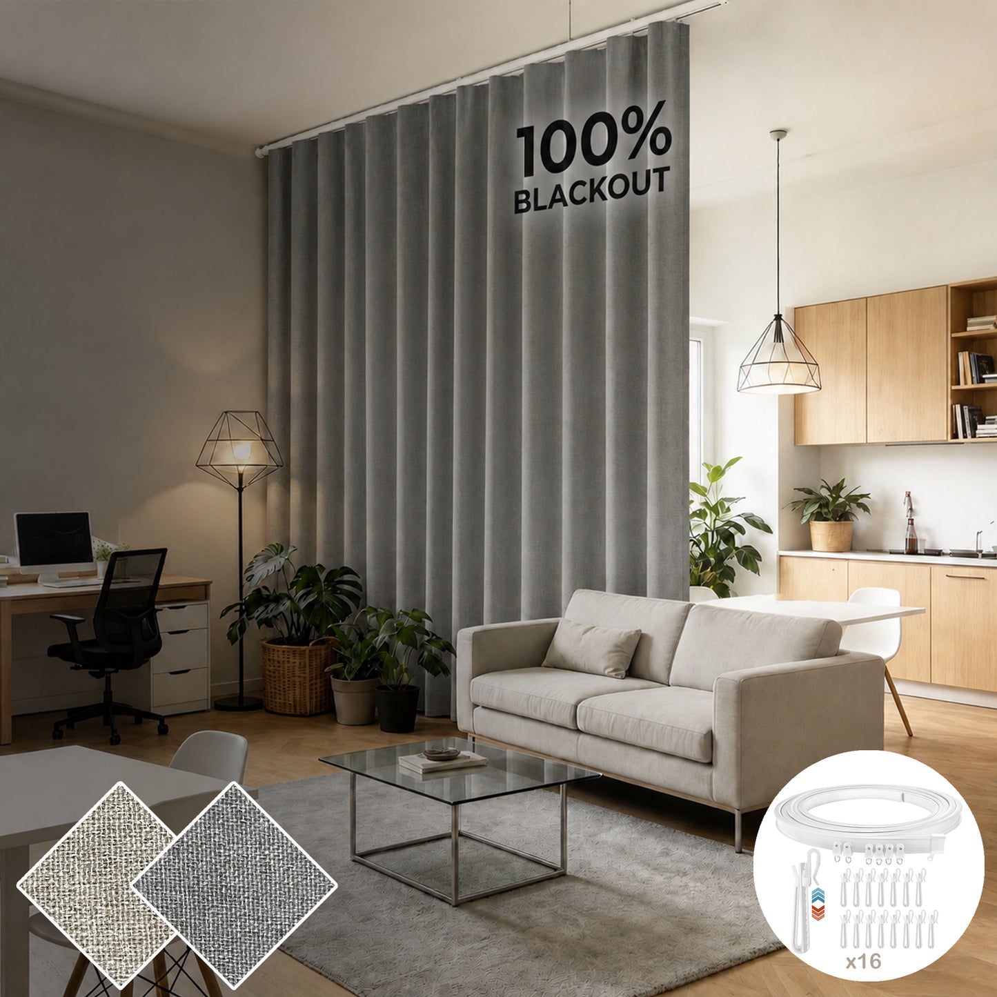 Rideau occultant séparateur de pièce avec rail de plafond flexible aspect lin