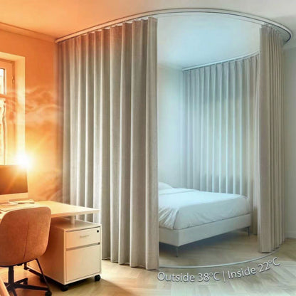 Rideau occultant séparateur de pièce avec rail de plafond flexible aspect lin