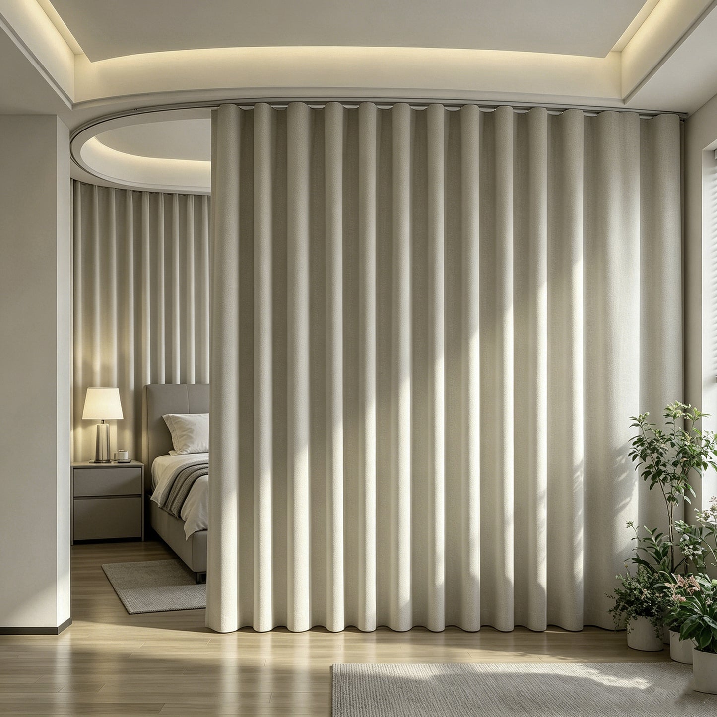Rideau occultant séparateur de pièce avec rail de plafond flexible aspect lin