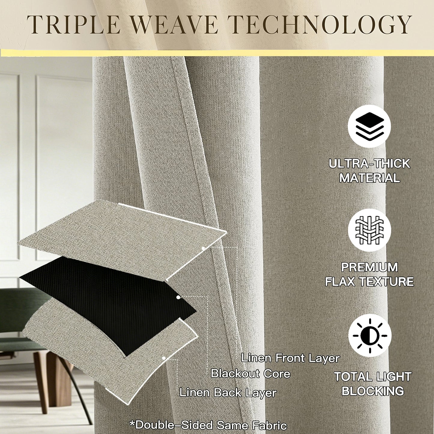 Rideau occultant séparateur de pièce avec rail de plafond flexible aspect lin