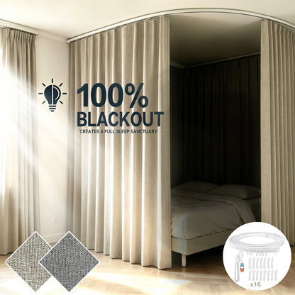 Rideau occultant séparateur de pièce avec rail de plafond flexible aspect lin