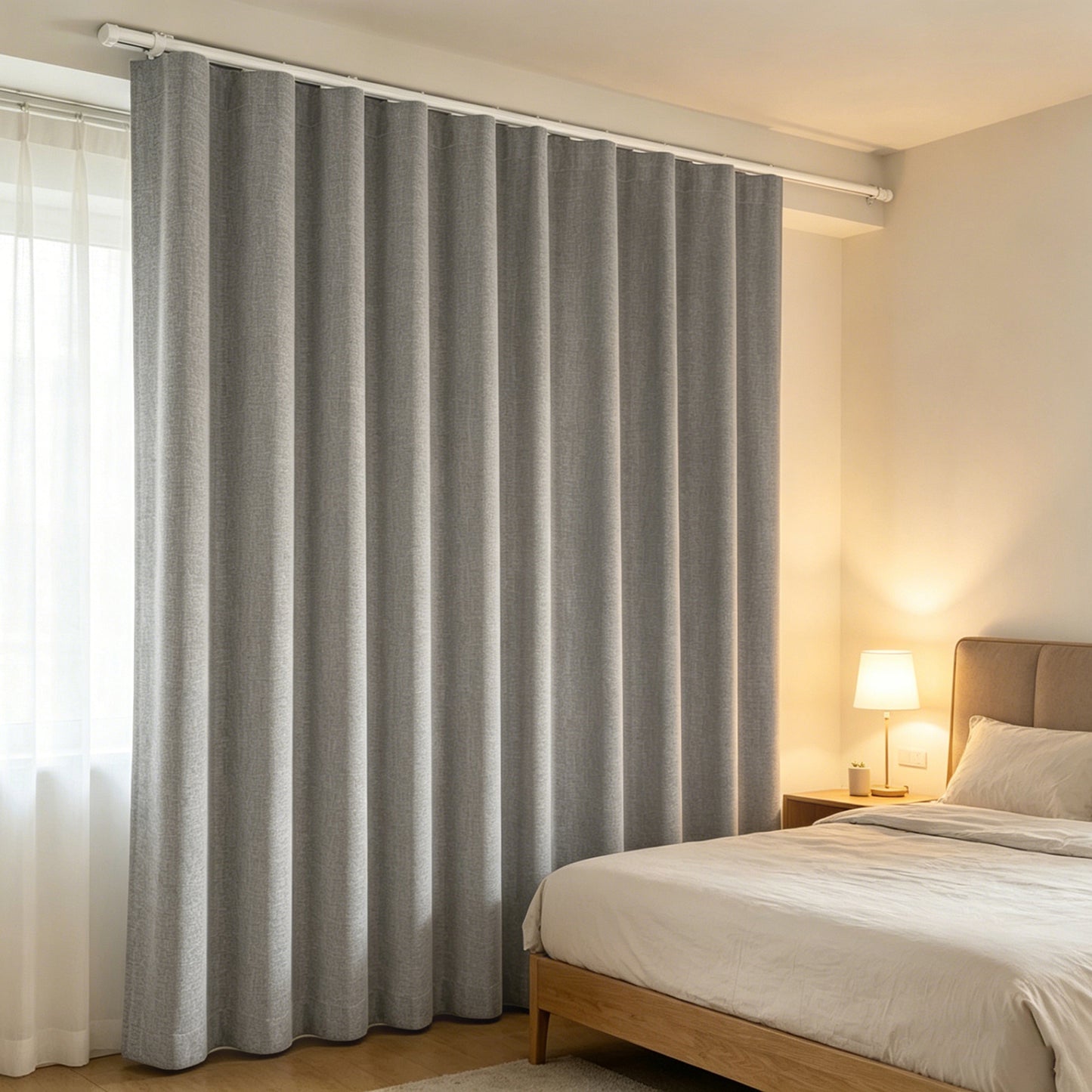Rideau occultant séparateur de pièce avec rail de plafond flexible aspect lin