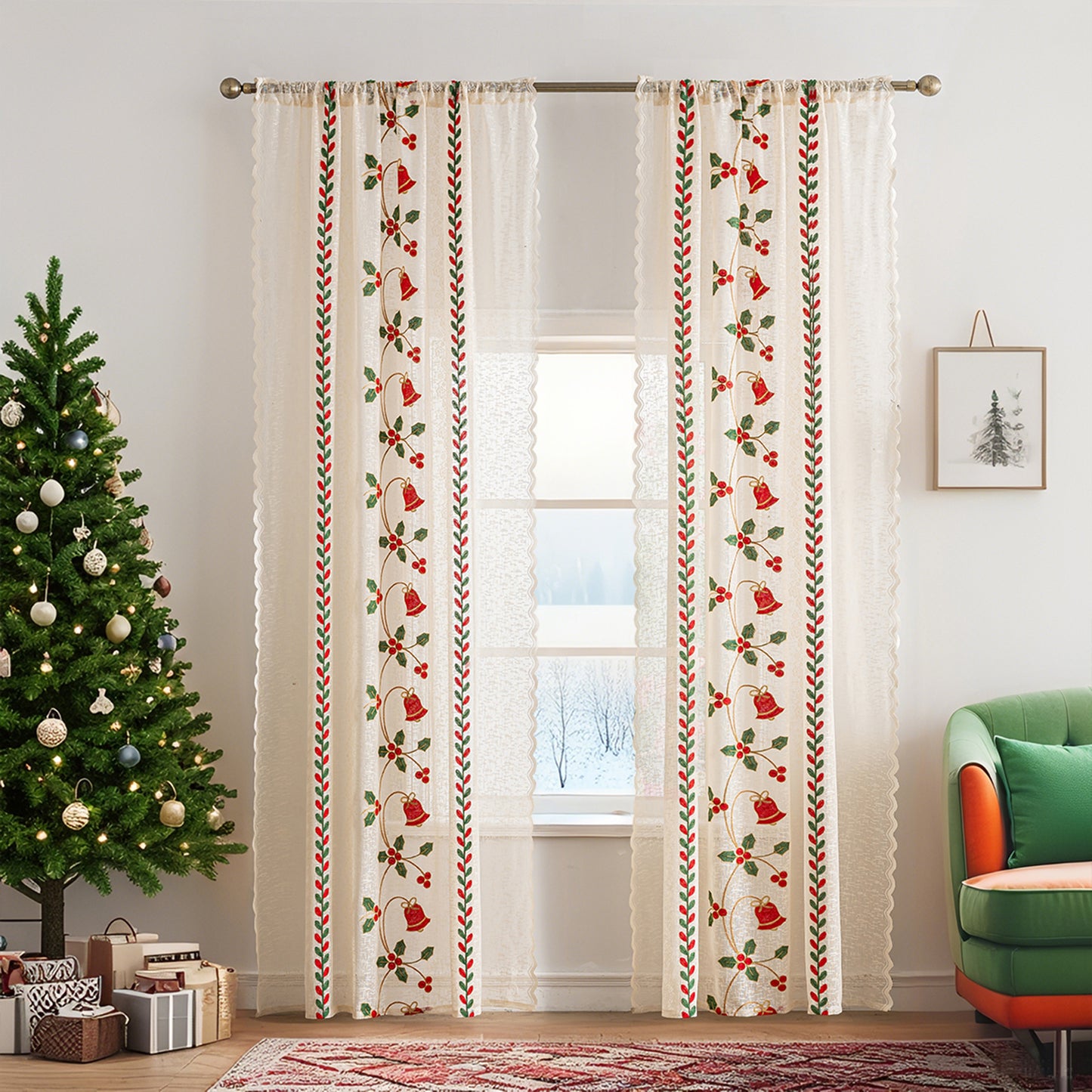 Christmas Curtain in Cream with Embroidery – Transparent, 1 Panel