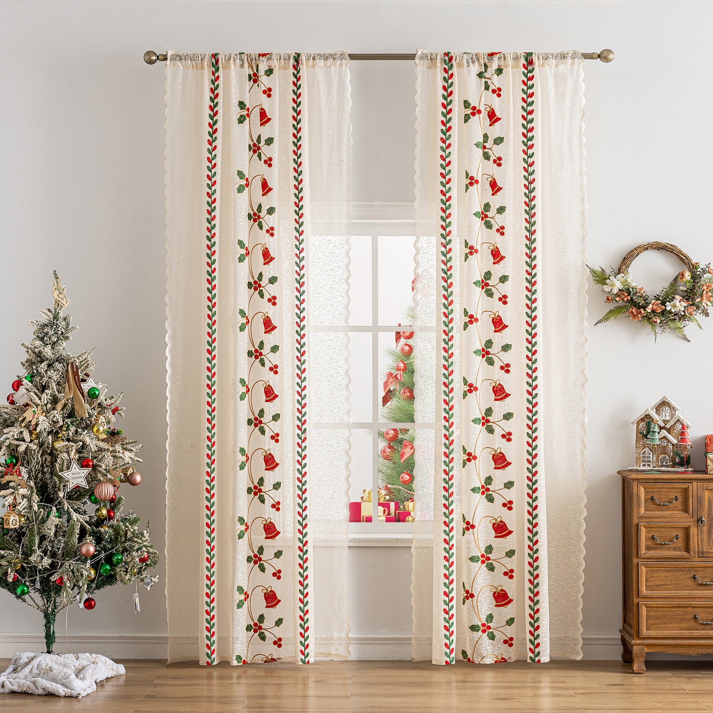 Christmas Curtain in Cream with Embroidery – Transparent, 1 Panel