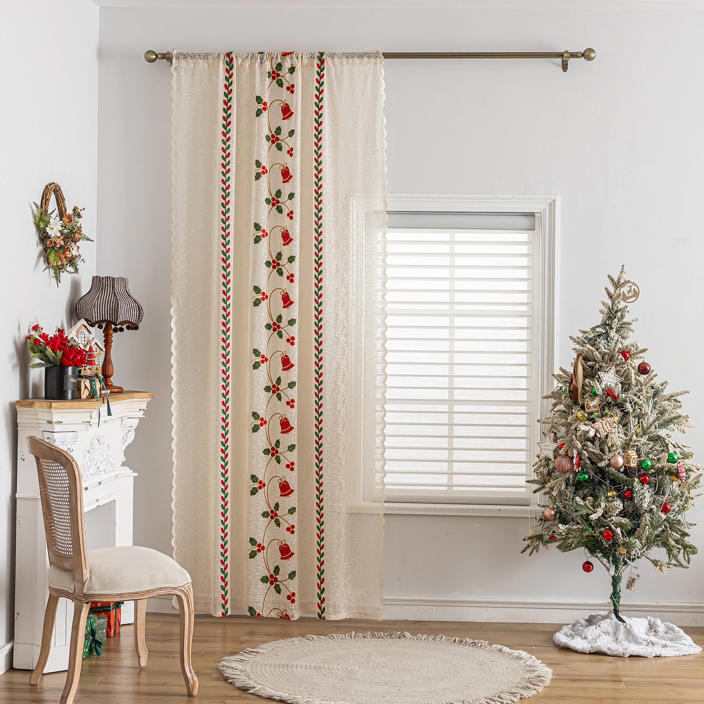 Christmas Curtain in Cream with Embroidery – Transparent, 1 Panel