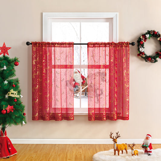 Rideaux courts de Noël en feuille d'or rouge ou vert 2 pièces