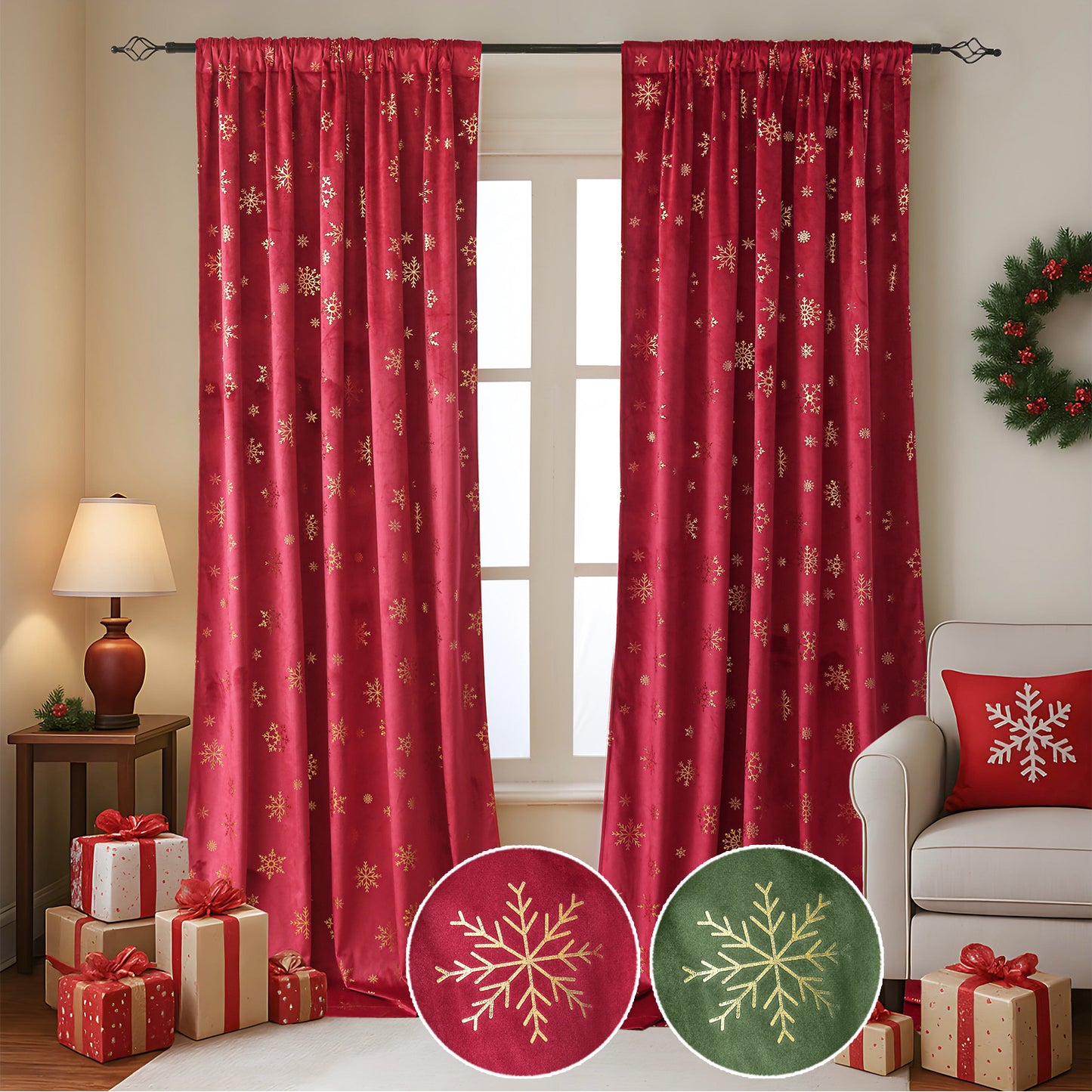 Christmas velvet curtains with gold foil snowflakes 2-piece red or green