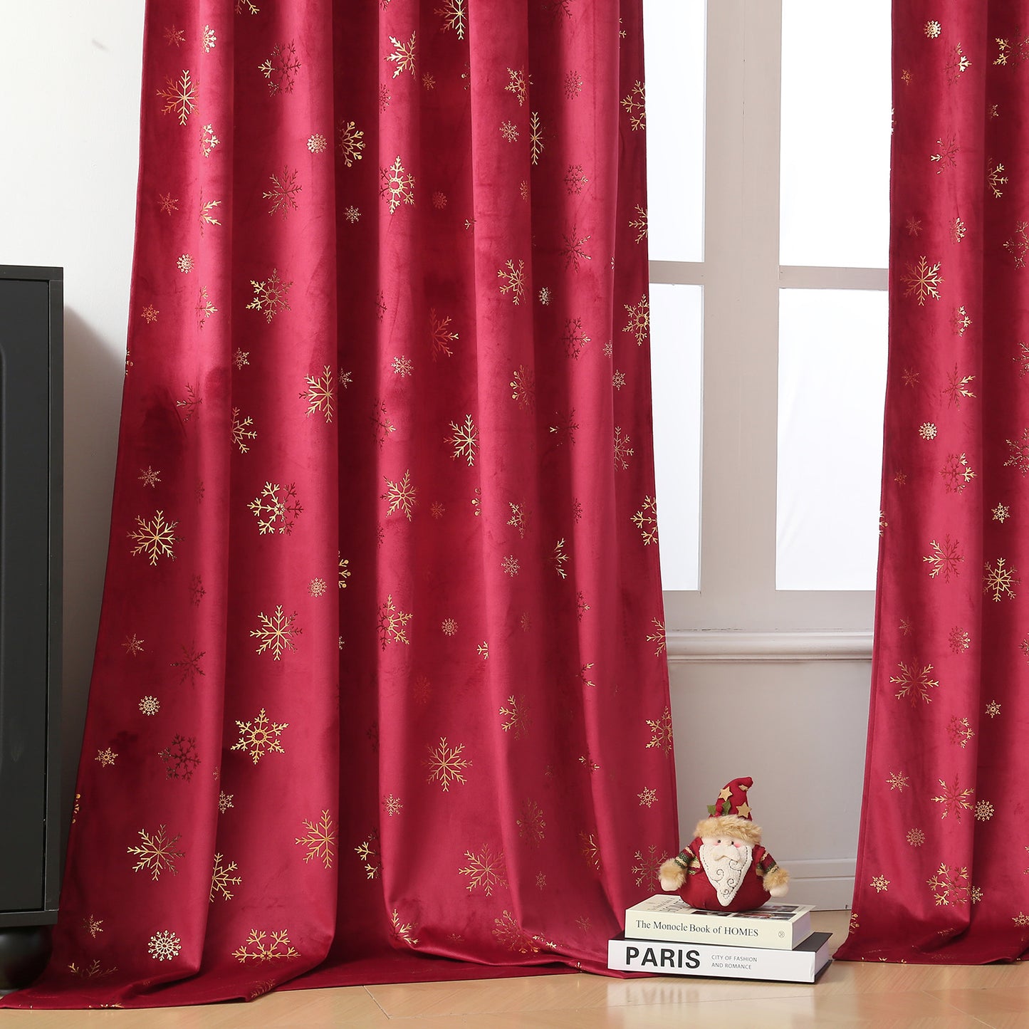Christmas velvet curtains with gold foil snowflakes 2-piece red or green