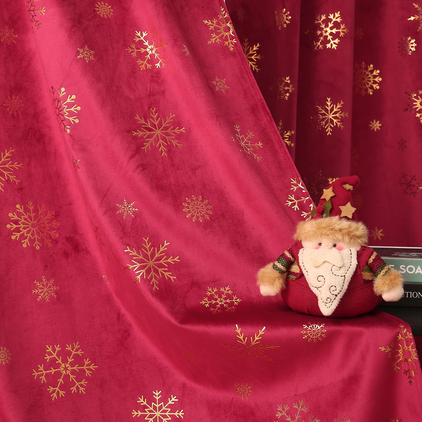 Christmas velvet curtains with gold foil snowflakes 2-piece red or green