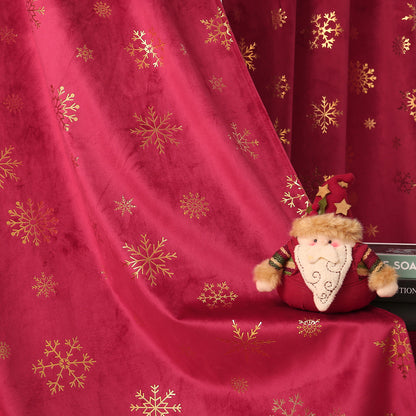 Christmas velvet curtains with gold foil snowflakes 2-piece red or green