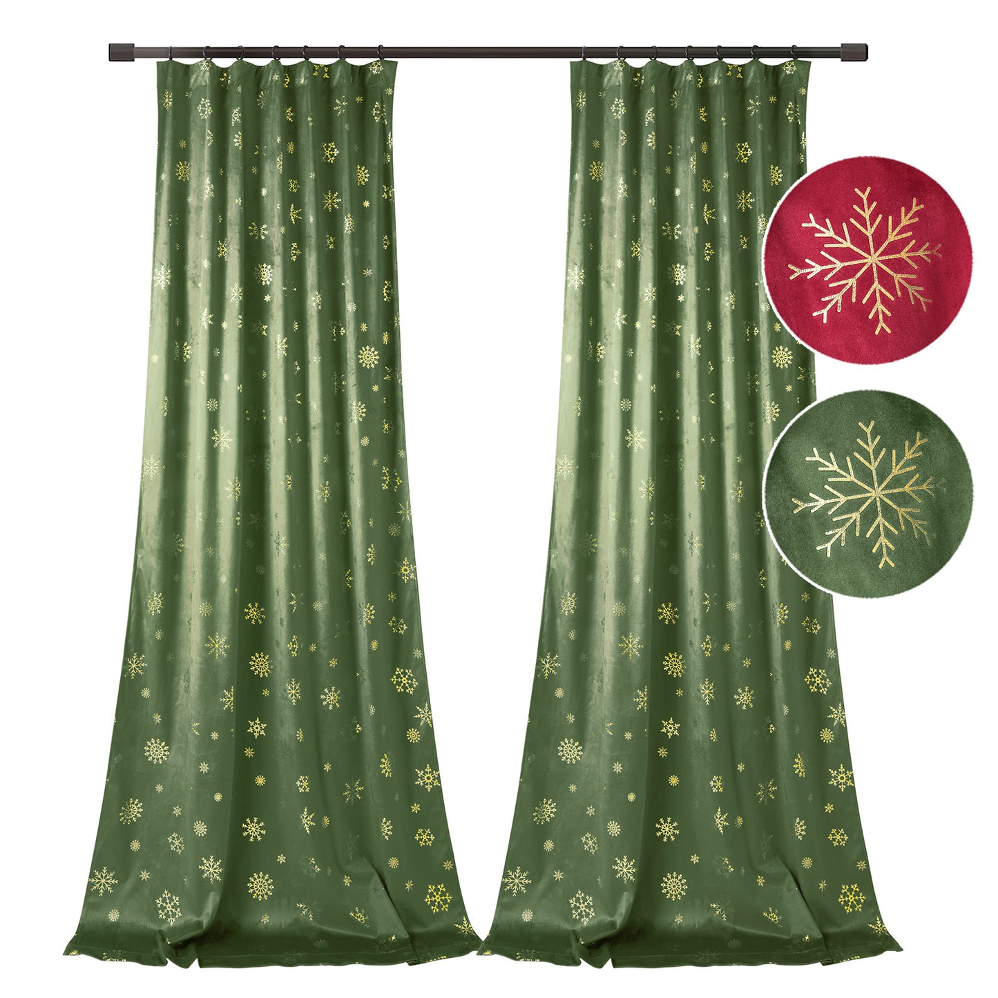 Christmas velvet curtains with gold foil snowflakes 2-piece red or green