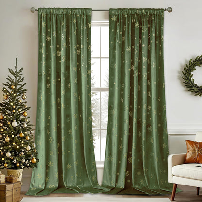 Christmas velvet curtains with gold foil snowflakes 2-piece red or green