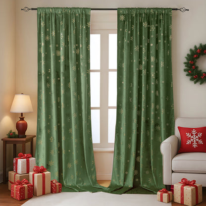 Christmas velvet curtains with gold foil snowflakes 2-piece red or green