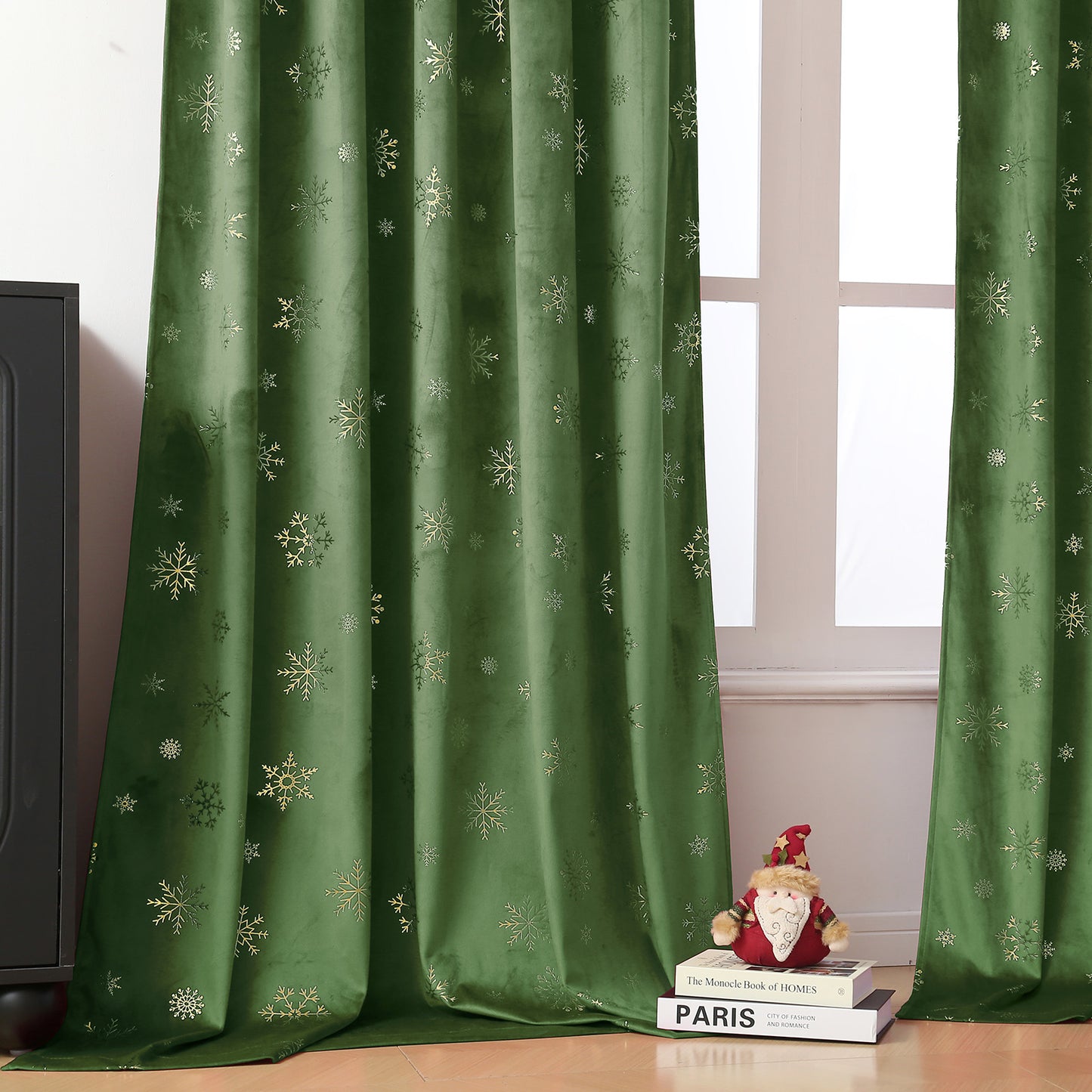 Christmas velvet curtains with gold foil snowflakes 2-piece red or green