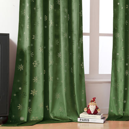 Christmas velvet curtains with gold foil snowflakes 2-piece red or green