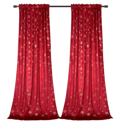 Christmas velvet curtains with gold foil snowflakes 2-piece red or green