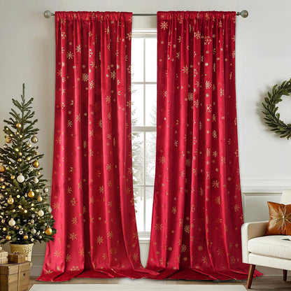 Christmas velvet curtains with gold foil snowflakes 2-piece red or green